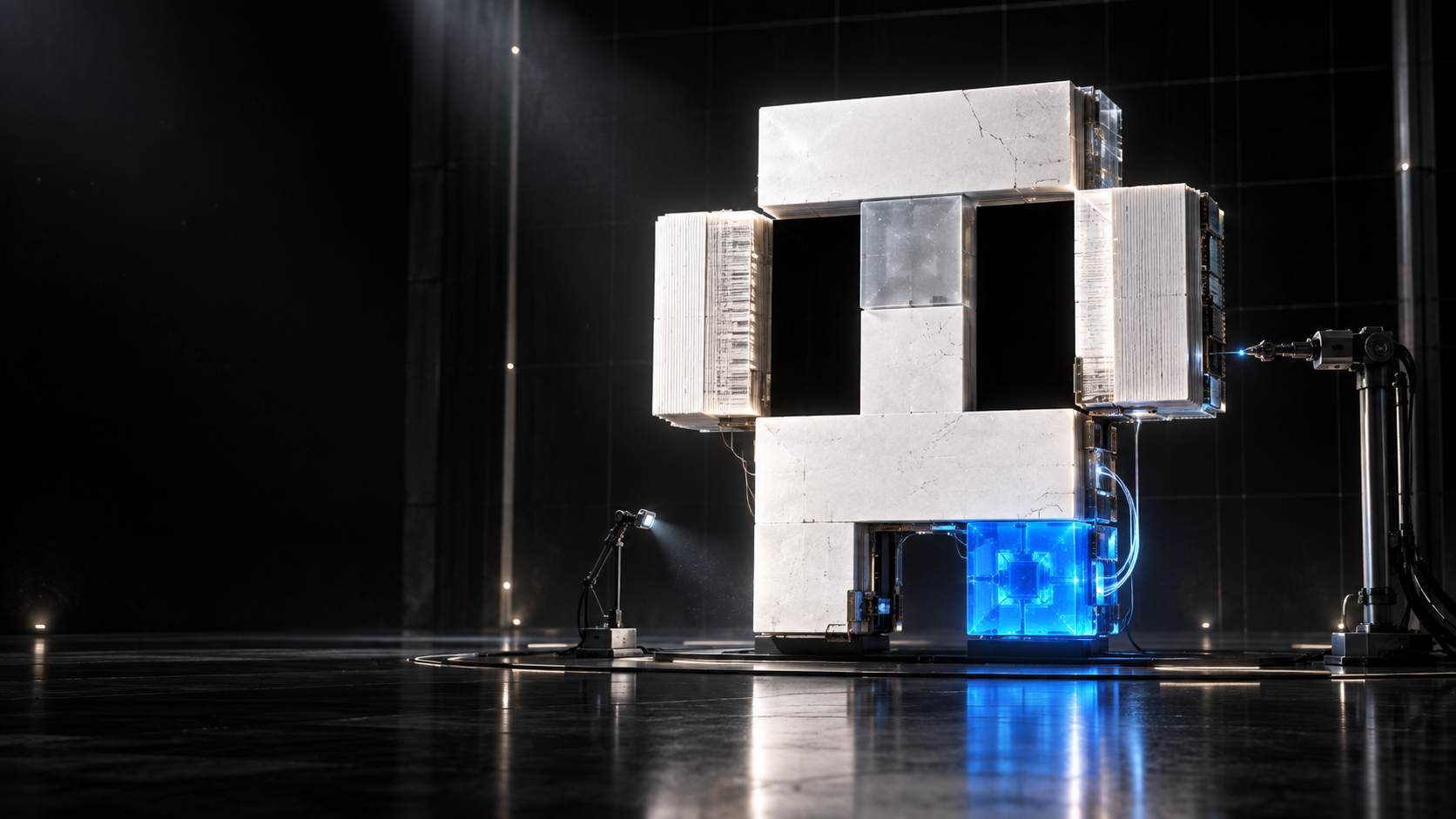 A fragmented software archive repaired by a blue seam